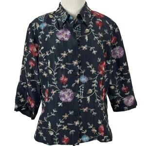 Silkland Petite Silk Button Up Blouse Size 14P Embroidery Boho Artsy Workwear